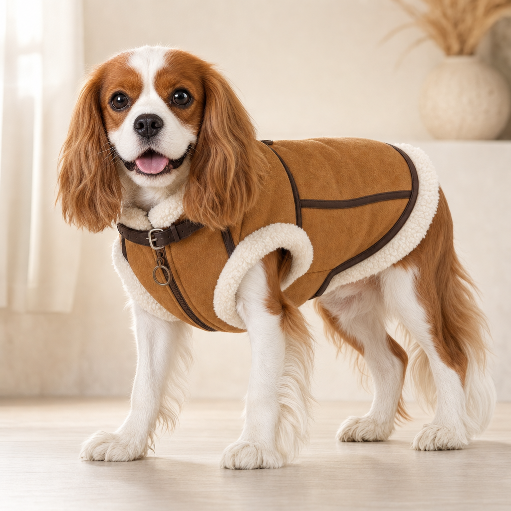 Cavalier King Charles Spaniel wearing the tan aviator coat with its cream sherpa collar