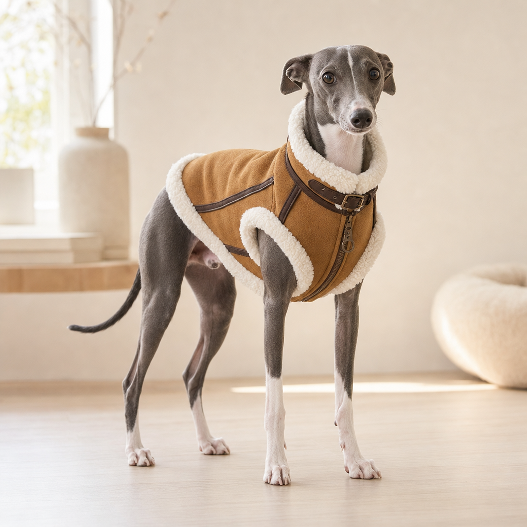 Italian Greyhound wearing the tan sherpa-lined winter coat indoors