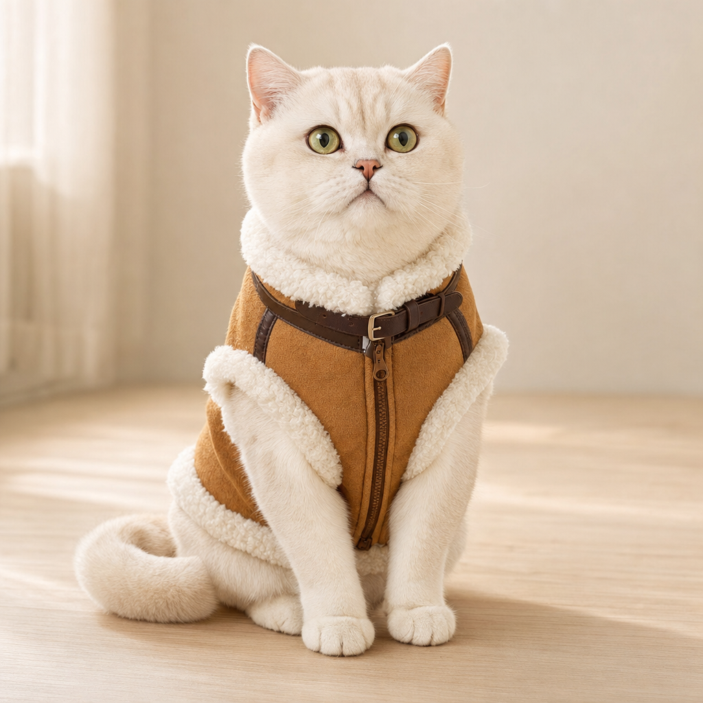 British Shorthair cat sitting in the tan sherpa-lined coat