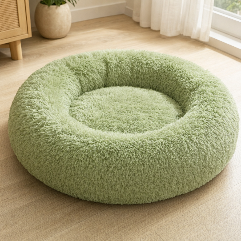 The plush donut bed in avocado green, shown alone from above.