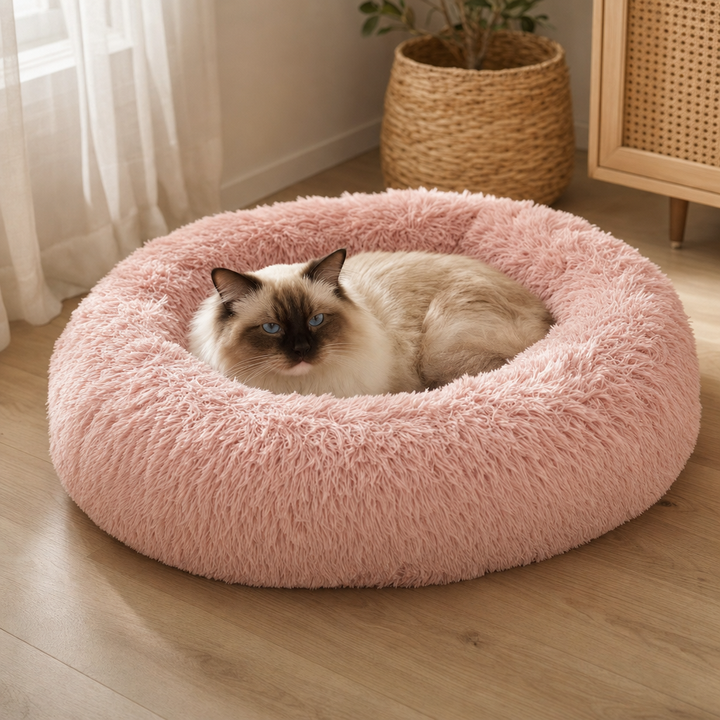 A Ragdoll cat resting in a blush pink plush donut bed, seen from a low angle showing the deep rim.
