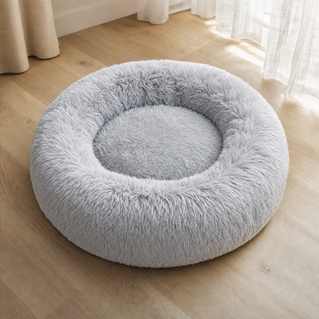 The plush donut bed in light grey, shown alone from above.