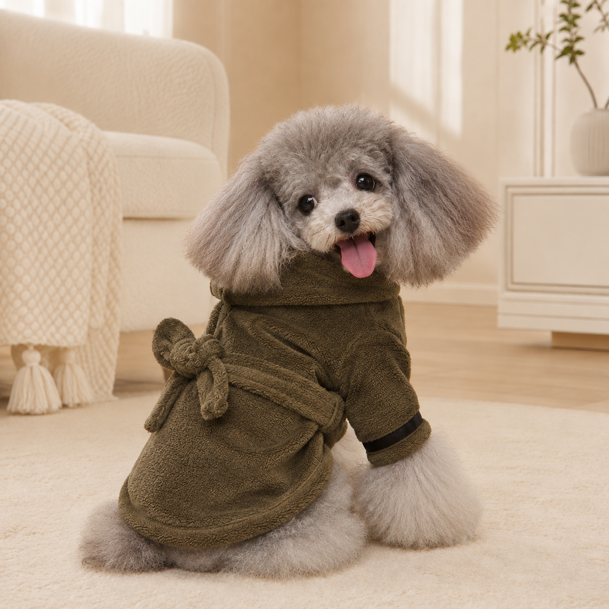 Dog wearing an army green coral fleece hooded bathrobe