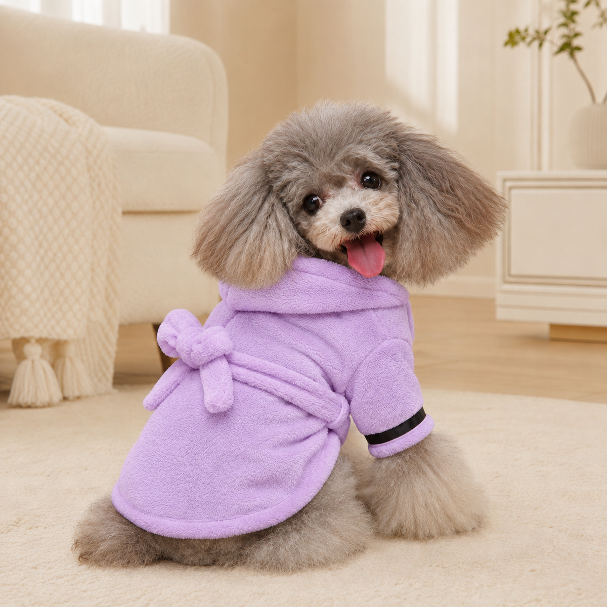 Dog wearing a purple coral fleece hooded bathrobe