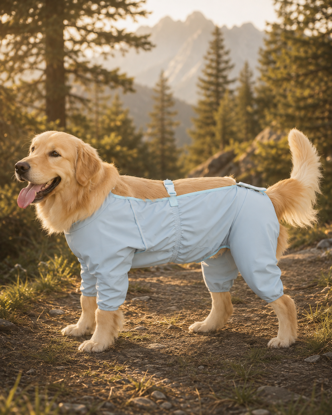 Golden Retriever wearing the Outdoor Water-Resistant Dog Jumpsuit in Ethereal Blue.#Color_Ethereal blue