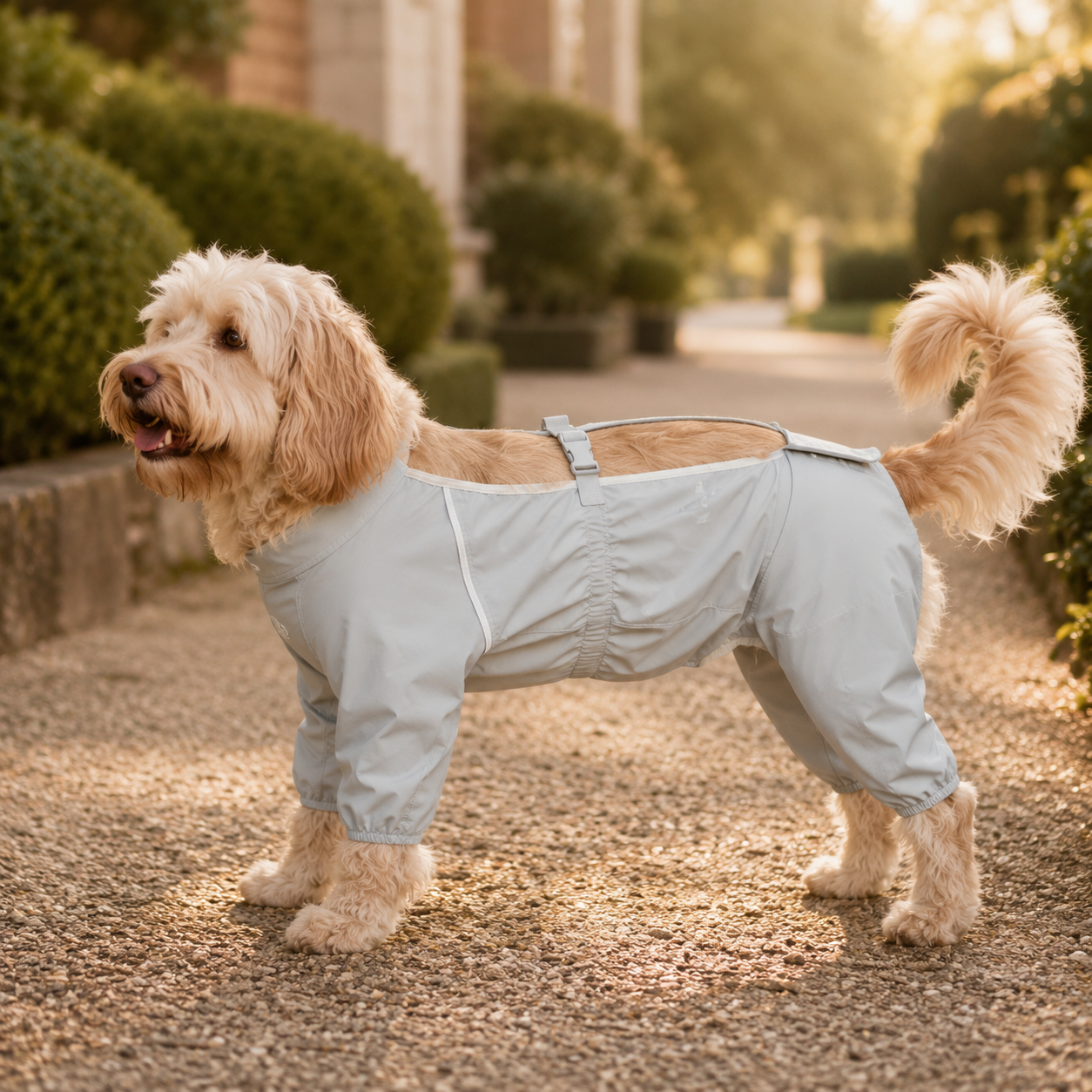 Dog wearing the Outdoor Water-Resistant Dog Jumpsuit in Soft Mist Gray.#Color_Soft mist gray