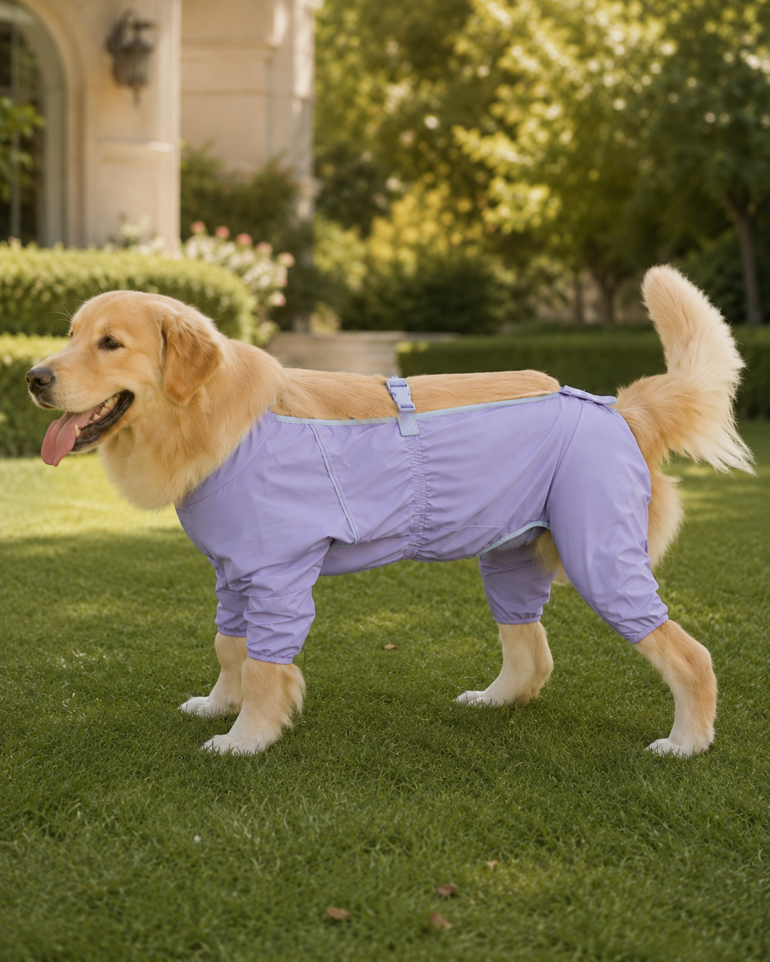 Golden Retriever wearing the Outdoor Water-Resistant Dog Jumpsuit in Wisteria.#Color_Wisteria color