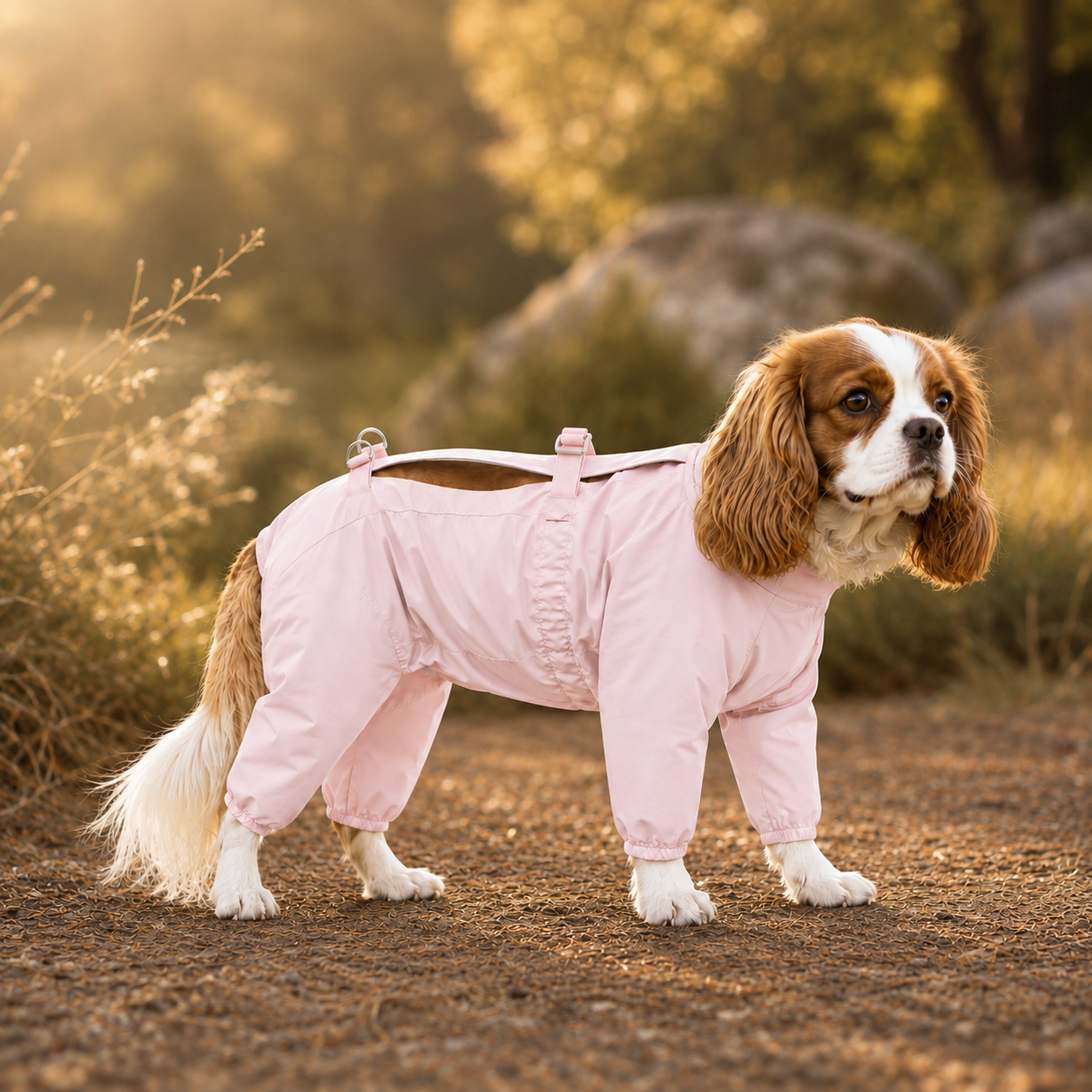 Cavalier Spaniel wearing the Outdoor Water-Resistant Dog Jumpsuit in Light Pink (v1, superseded).#Archived_Light pink