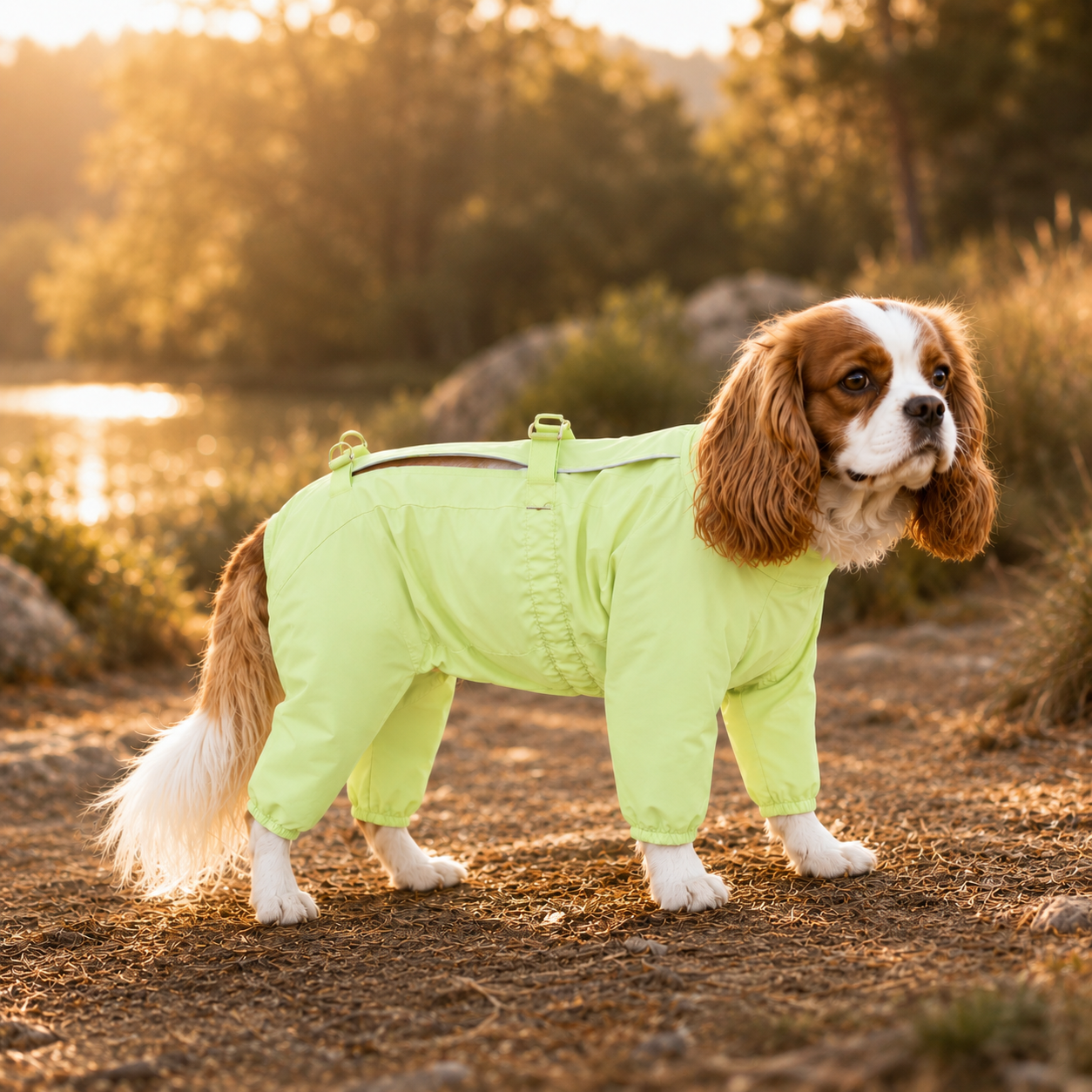 Cavalier Spaniel wearing the Outdoor Water-Resistant Dog Jumpsuit in Yellow Green (v1, superseded).#Archived_Yellow green