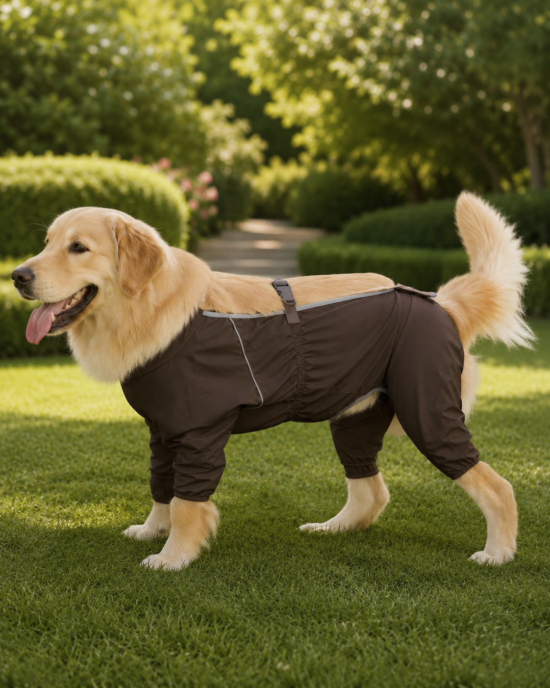 Golden Retriever wearing the Outdoor Water-Resistant Dog Jumpsuit in Dark Brown.#Color_Dark brown