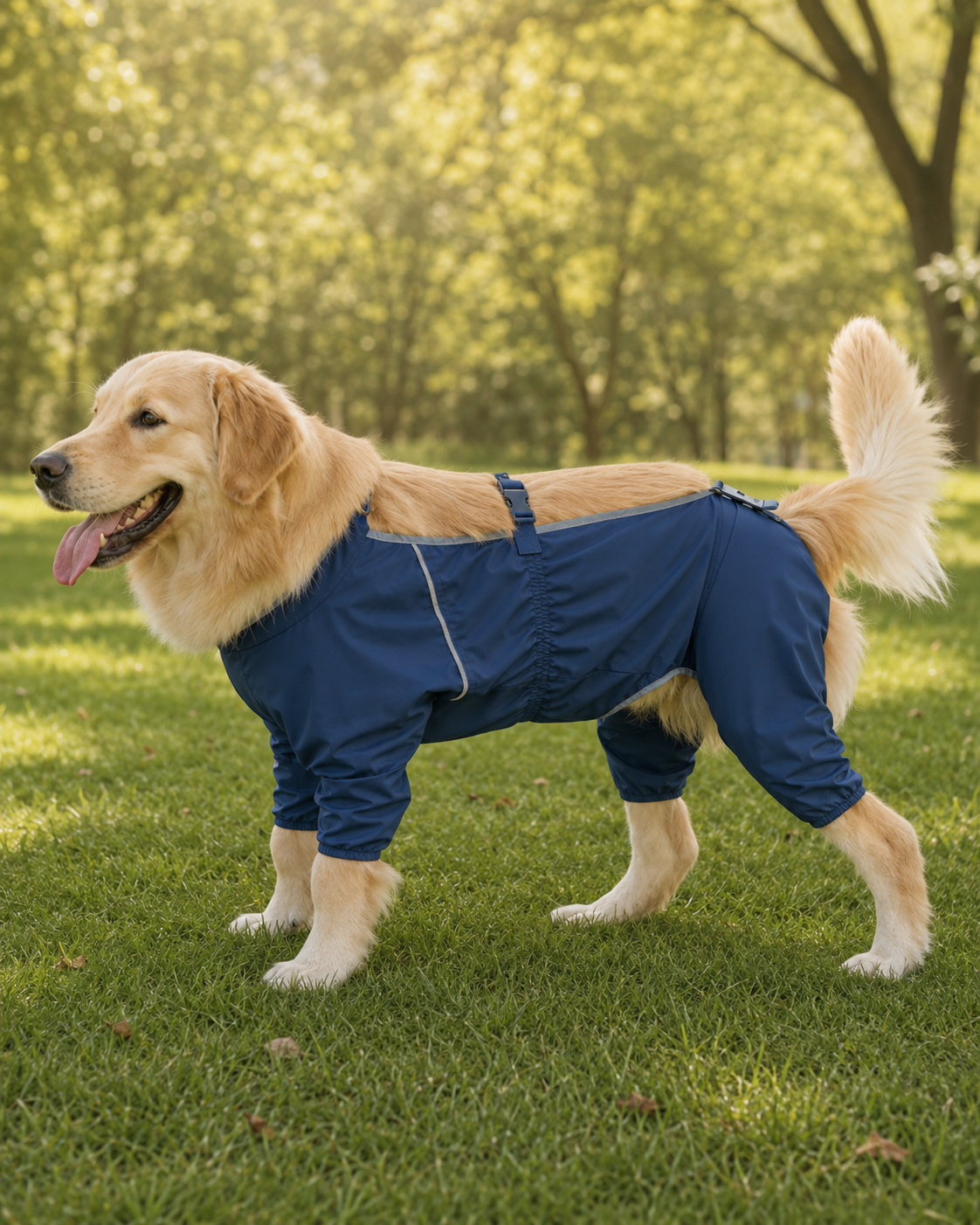 Golden Retriever wearing the Outdoor Water-Resistant Dog Jumpsuit in Vintage Navy Blue.#Color_Vintage navy blue