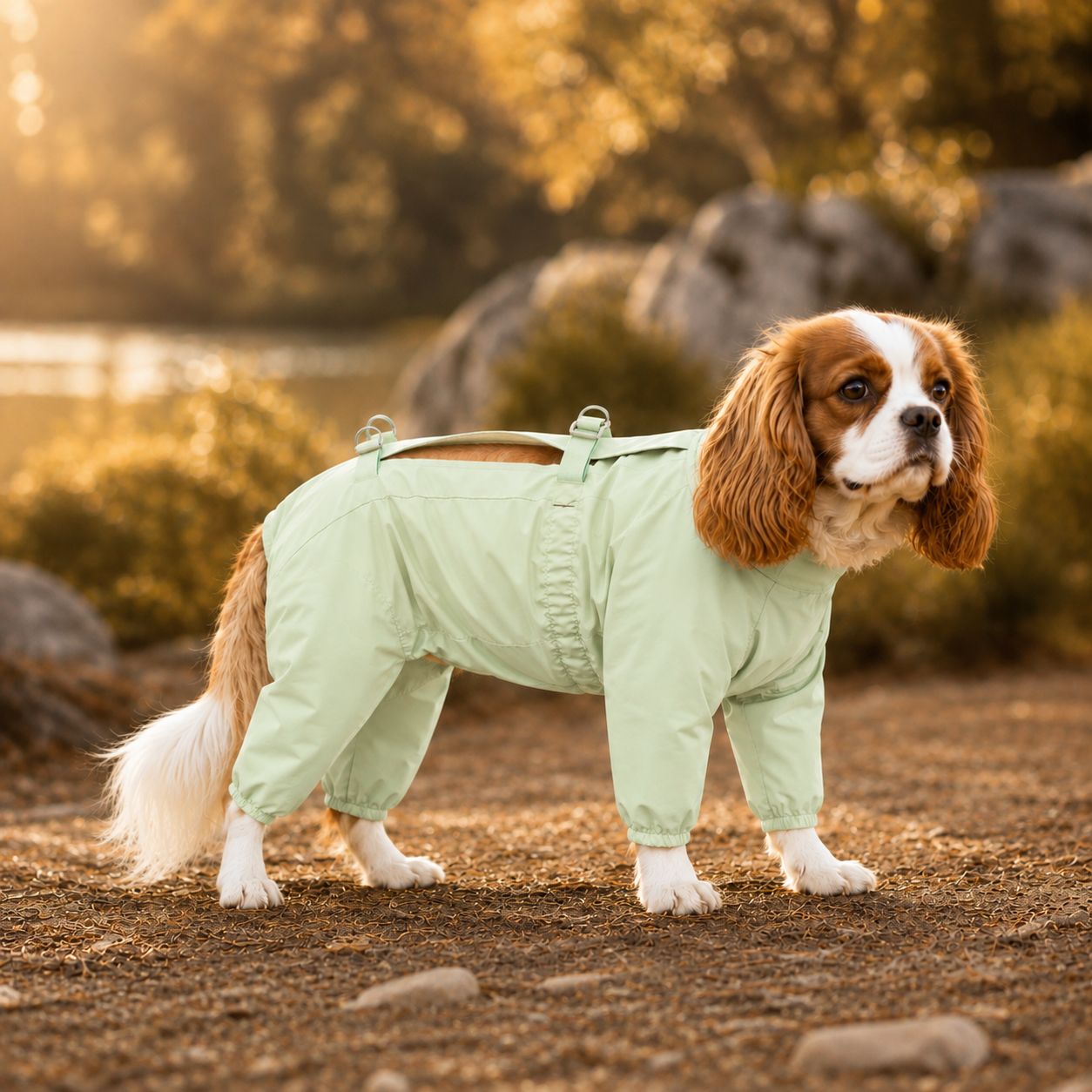 Cavalier Spaniel wearing the Outdoor Water-Resistant Dog Jumpsuit in Tulip Sea Green (v1, superseded).#Archived_Tulip sea green