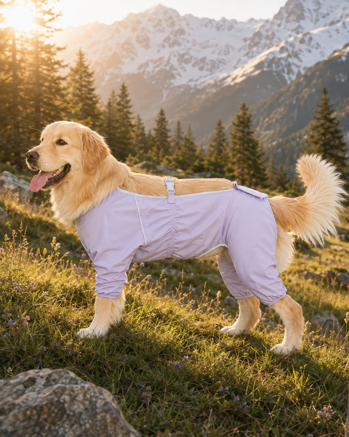 Golden Retriever wearing the Outdoor Water-Resistant Dog Jumpsuit in Haze Quiet Purple.#Color_Haze quiet purple
