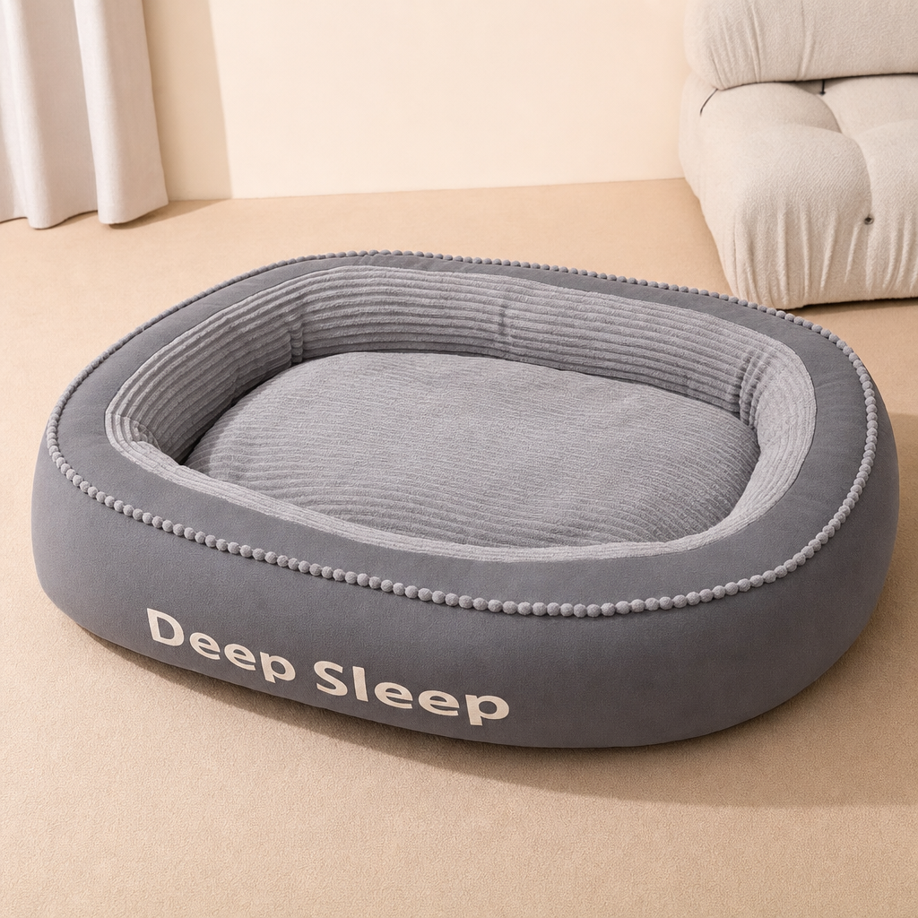 La cama en Gris Pizarra, con «Deep Sleep» impreso al frente.