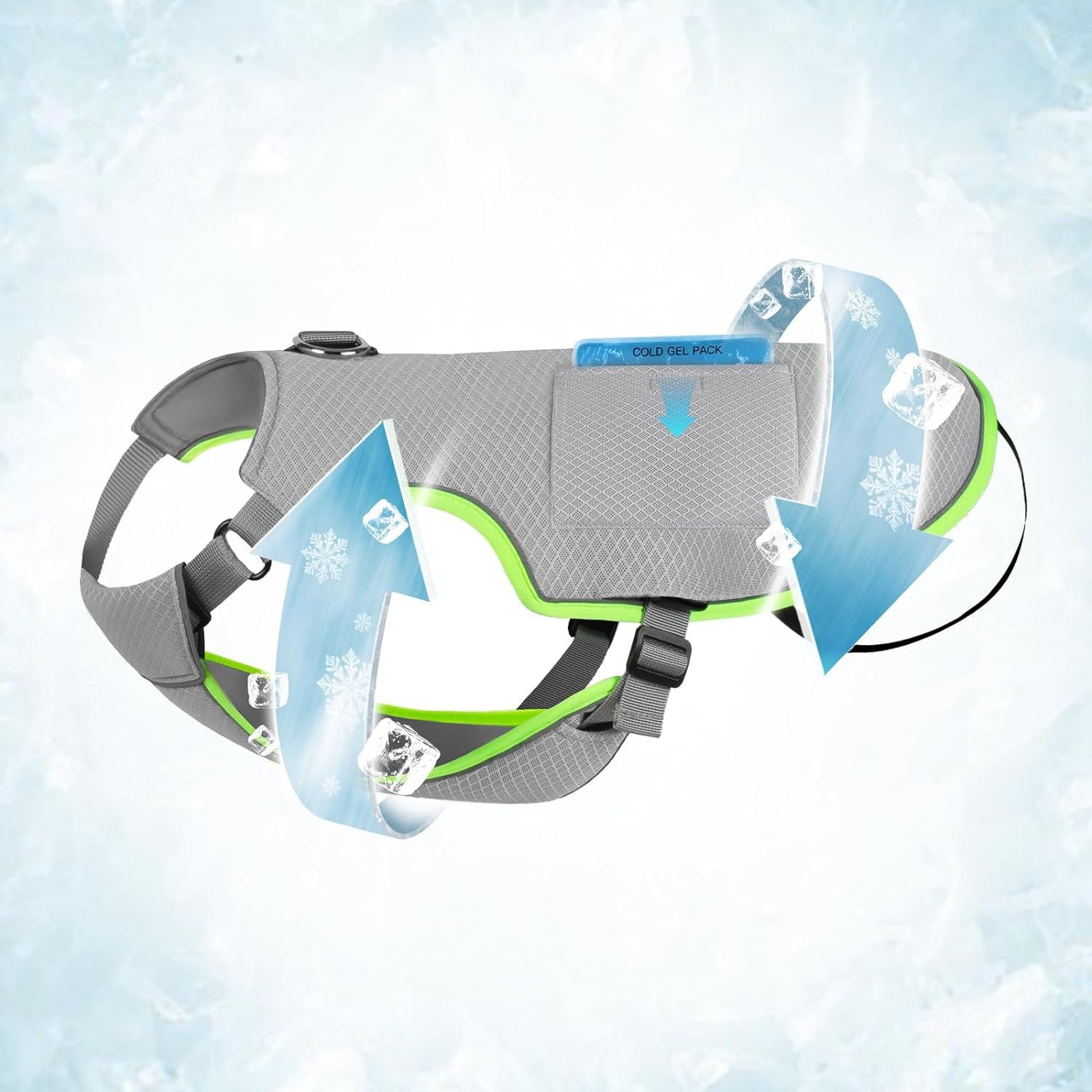 Diagram showing airflow around the cooling dog vest with a removable cold gel pack inserted
