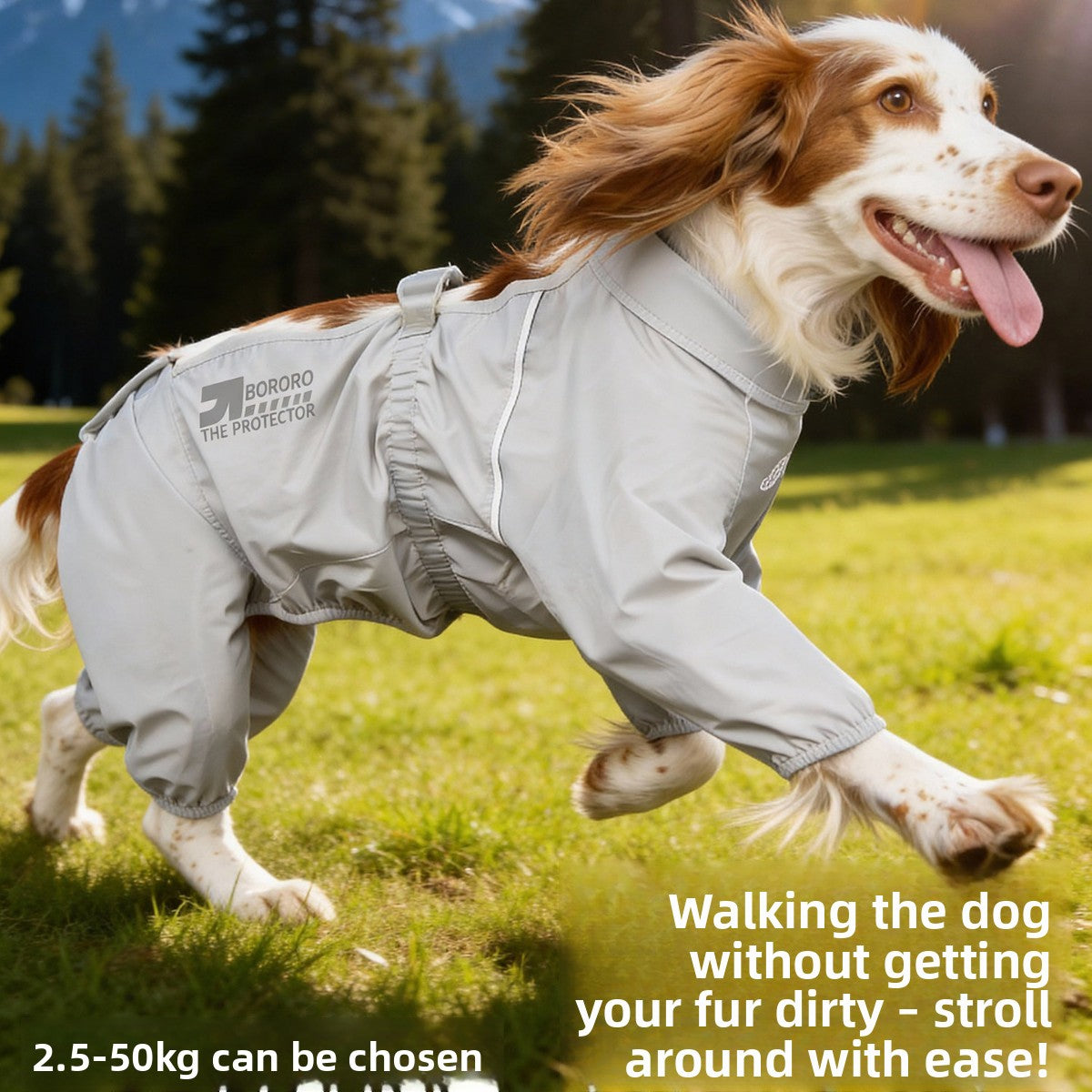 Dog wearing the outdoor water-resistant jumpsuit while running in a field#Archived_General
