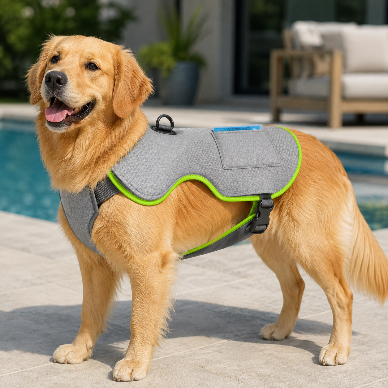 Golden retriever standing poolside wearing the 2-in-1 adjustable cooling dog vest, showing the D-ring and gel pack pocket