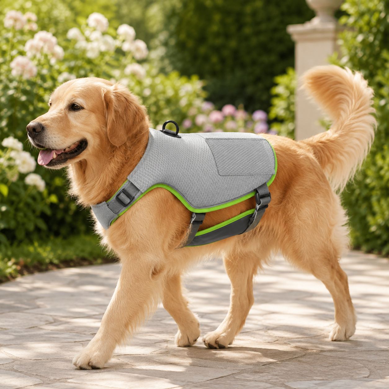 Golden retriever wearing the 2-in-1 adjustable cooling dog vest during a sunny garden walk
