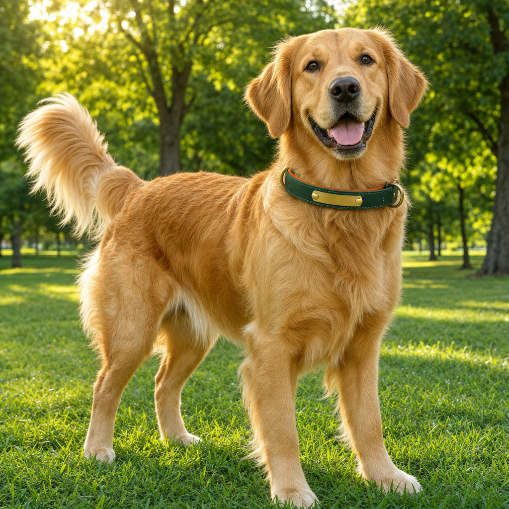 Golden Retriever standing happily on grass wearing the emerald Heritage collar with its blank ID plate