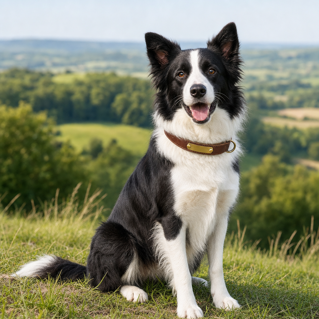 Border Collie sitting happily outdoors wearing the chestnut Heritage collar with its blank ID plate