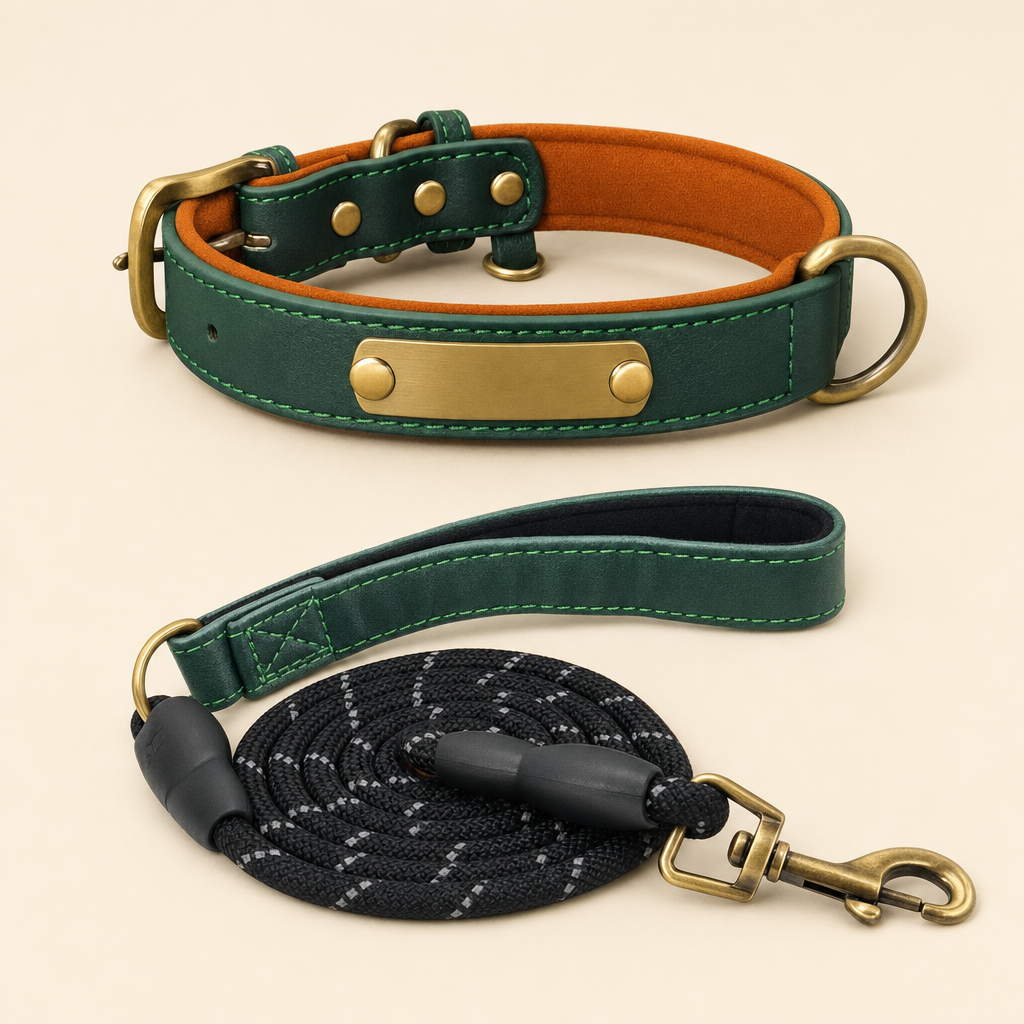 Emerald Heritage collar with the 1.5 metre reflective rope lead and antique-brass swivel hook