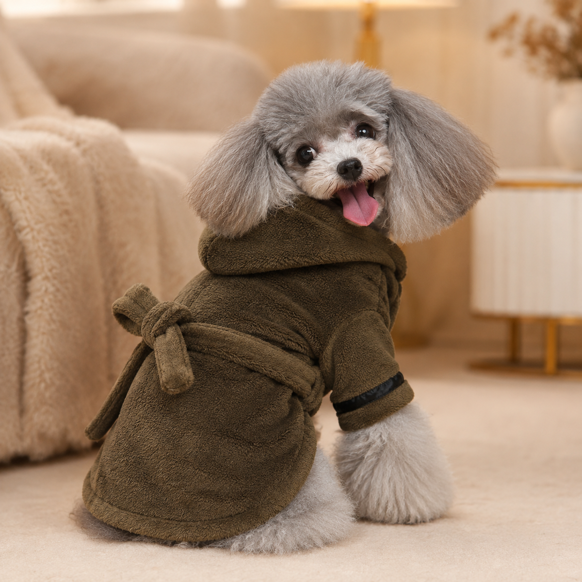 Small dog wearing an army green coral fleece hooded bathrobe in a refined home setting