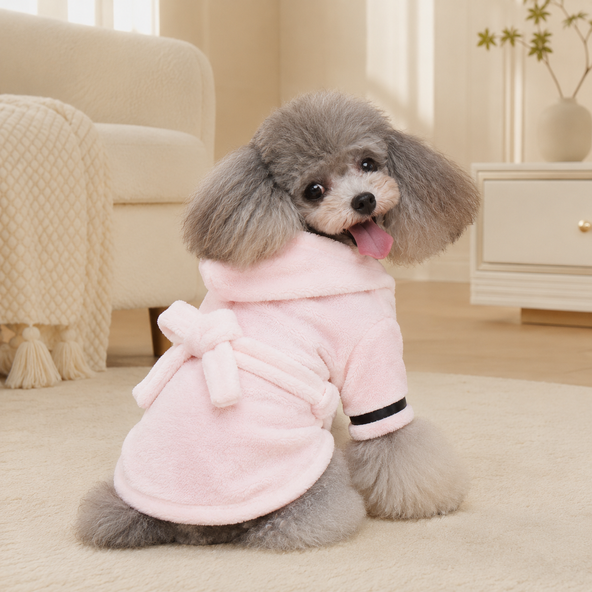 Small dog wearing a soft pink coral fleece hooded bathrobe indoors