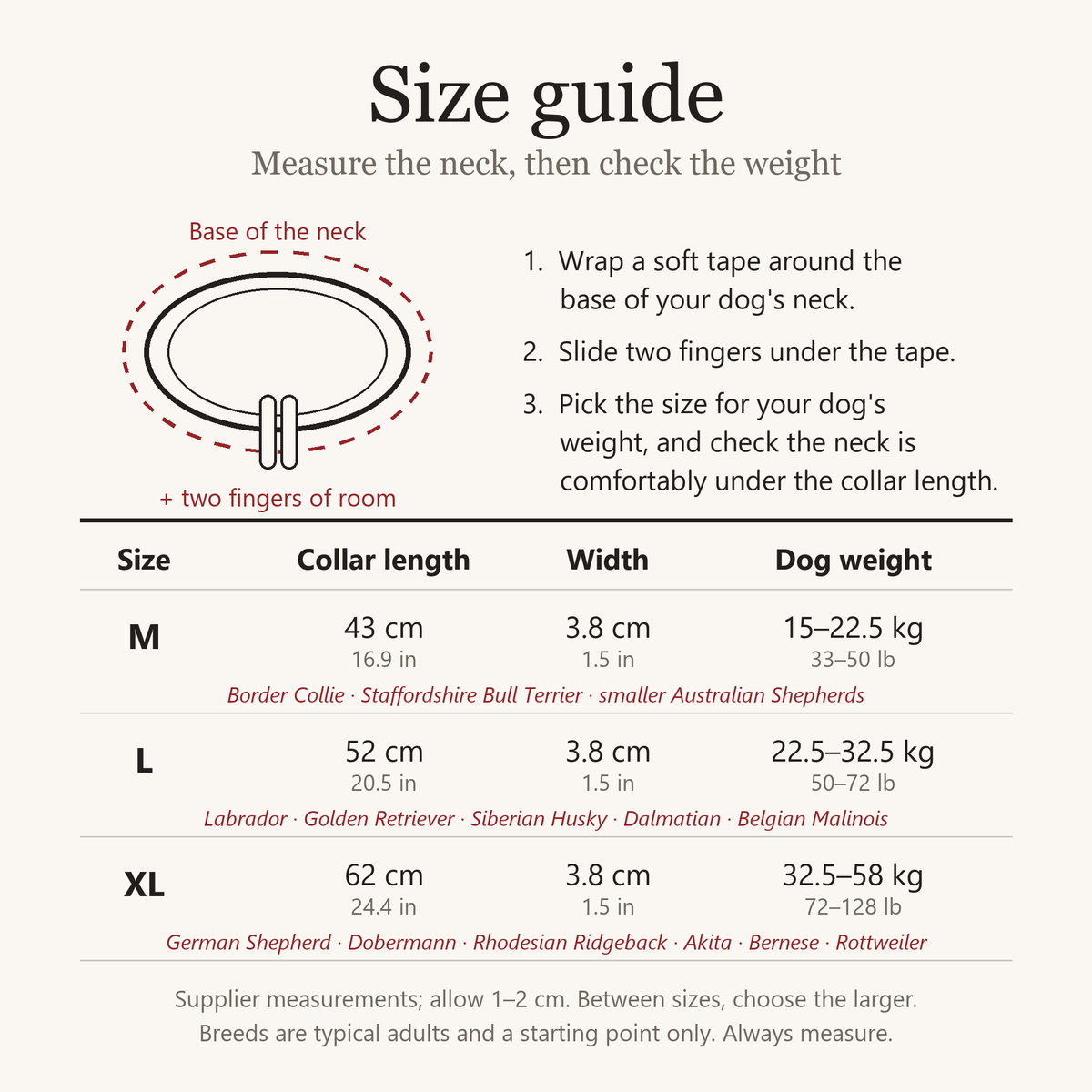 Collar size guide. M: 43 cm collar for dogs of 15 to 22.5 kg. L: 52 cm, 22.5 to 32.5 kg. XL: 62 cm, 32.5 to 58 kg. All 3.8 cm wide.