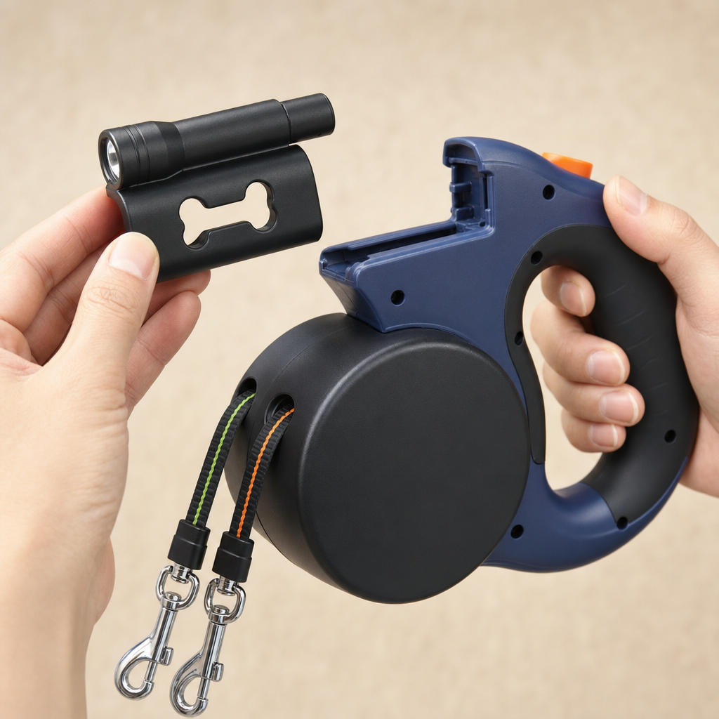 The black torch and waste-bag dispenser module lifted off the leash frame in one hand, with the empty bone-shaped dispensing slot visible.