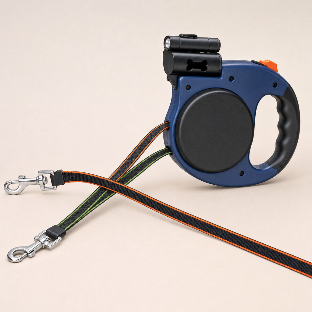 Front view of the leash reel drum with the two colour-coded tapes crossing over one another as they leave the rotating outlet.