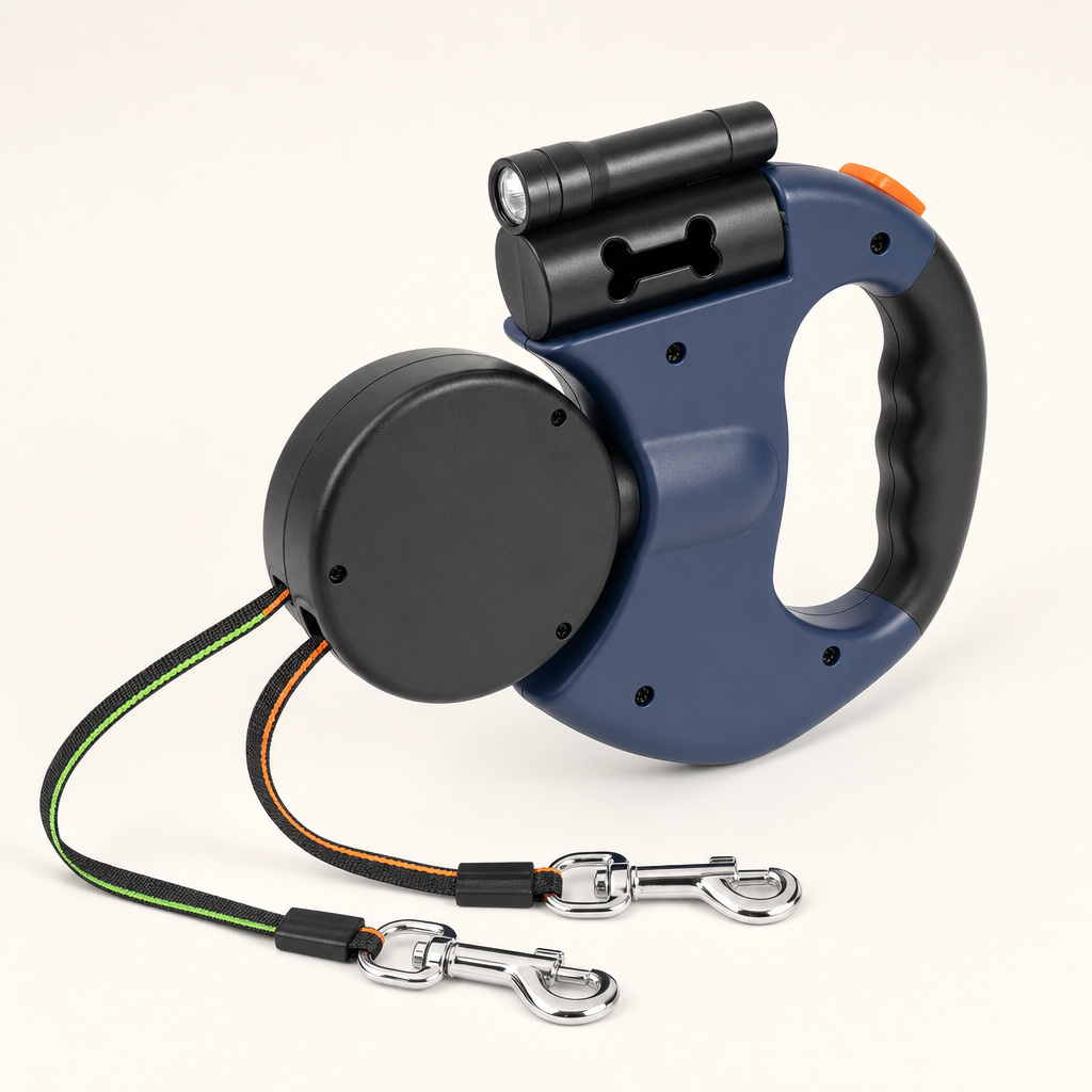 Blue dual retractable dog leash, three-quarter view, with two flat webbing tapes extended and two chrome snap hooks.