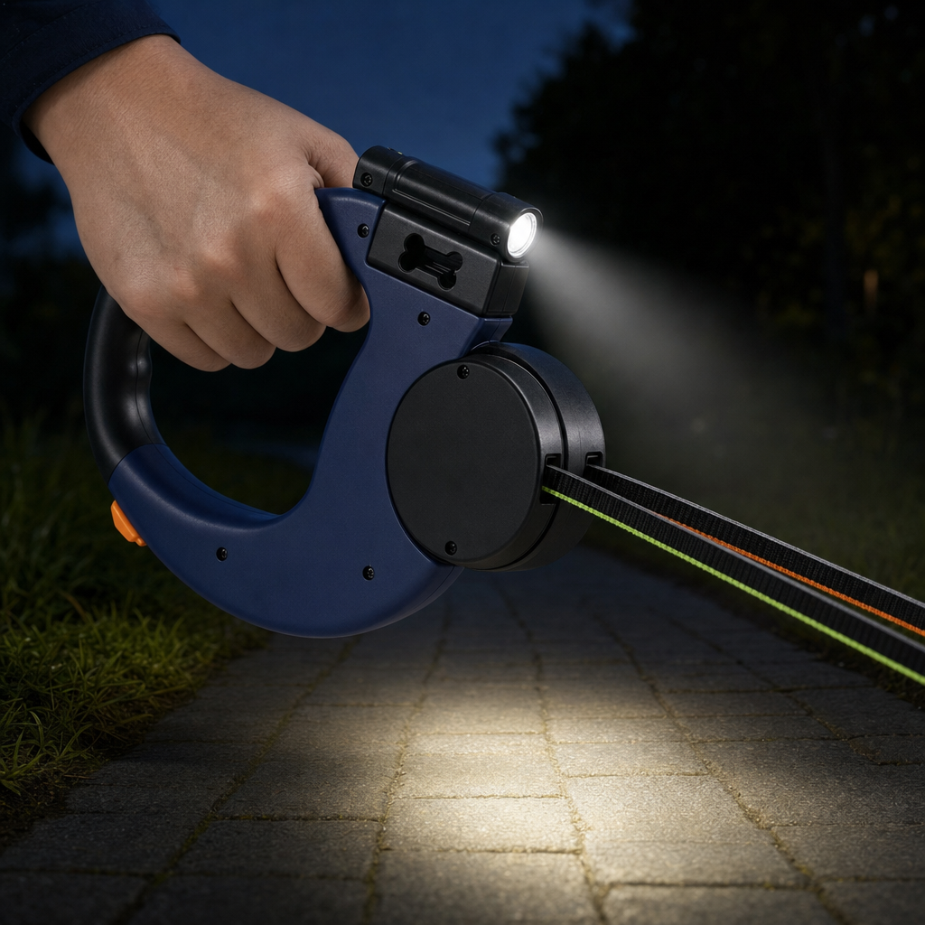 The blue leash held at dusk with its built-in LED torch lit, casting a beam along the path ahead of both tapes.