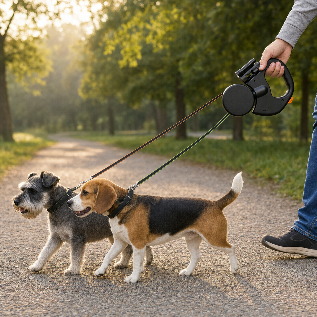 Side view of a walker holding the black dual retractable leash while two small dogs walk alongside, both tapes hanging slack.