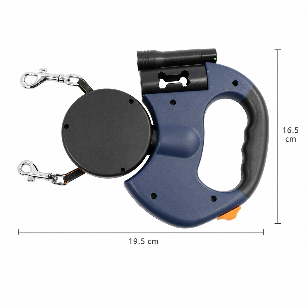 Side profile of the blue leash on a white background with dimension lines marking 19.5 cm in length and 16.5 cm in height.