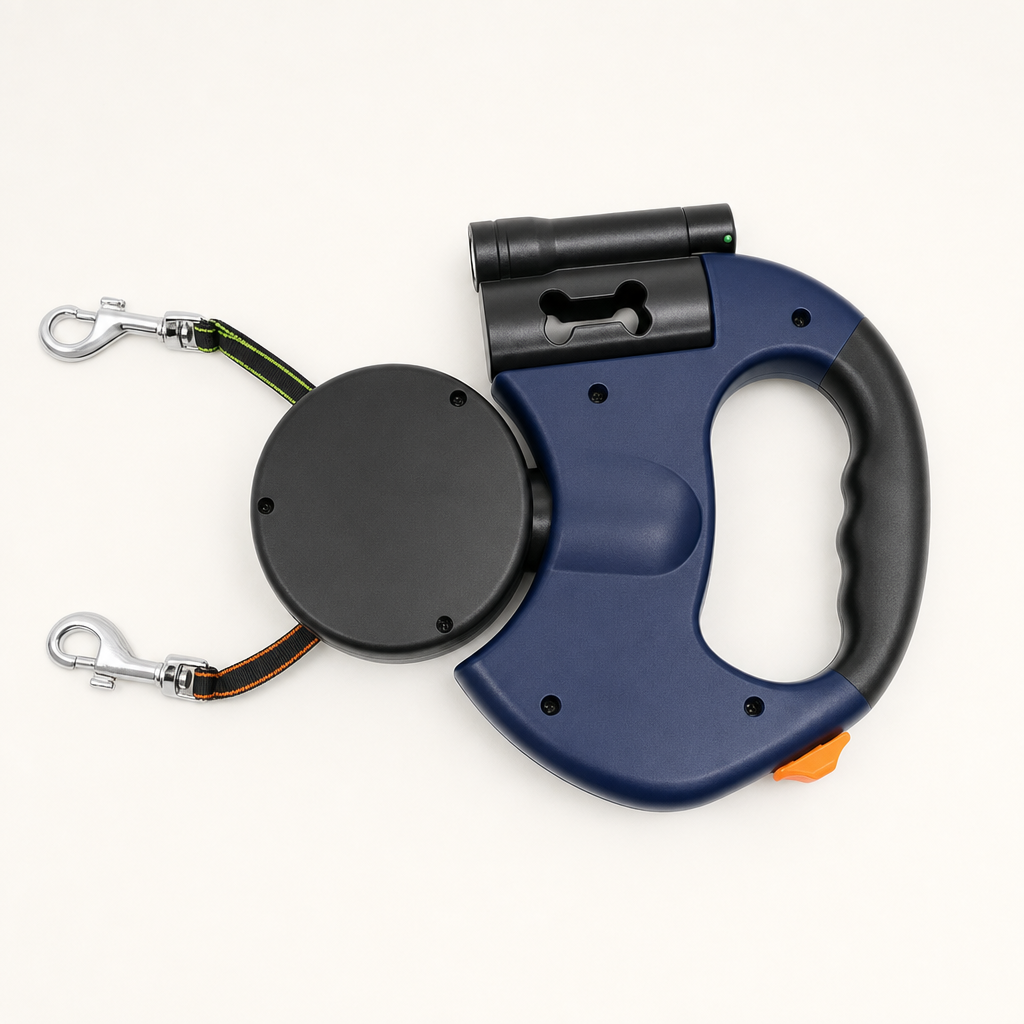 The dual retractable dog leash in Blue, flat-lay from above, with both tapes and both chrome snap hooks extended.