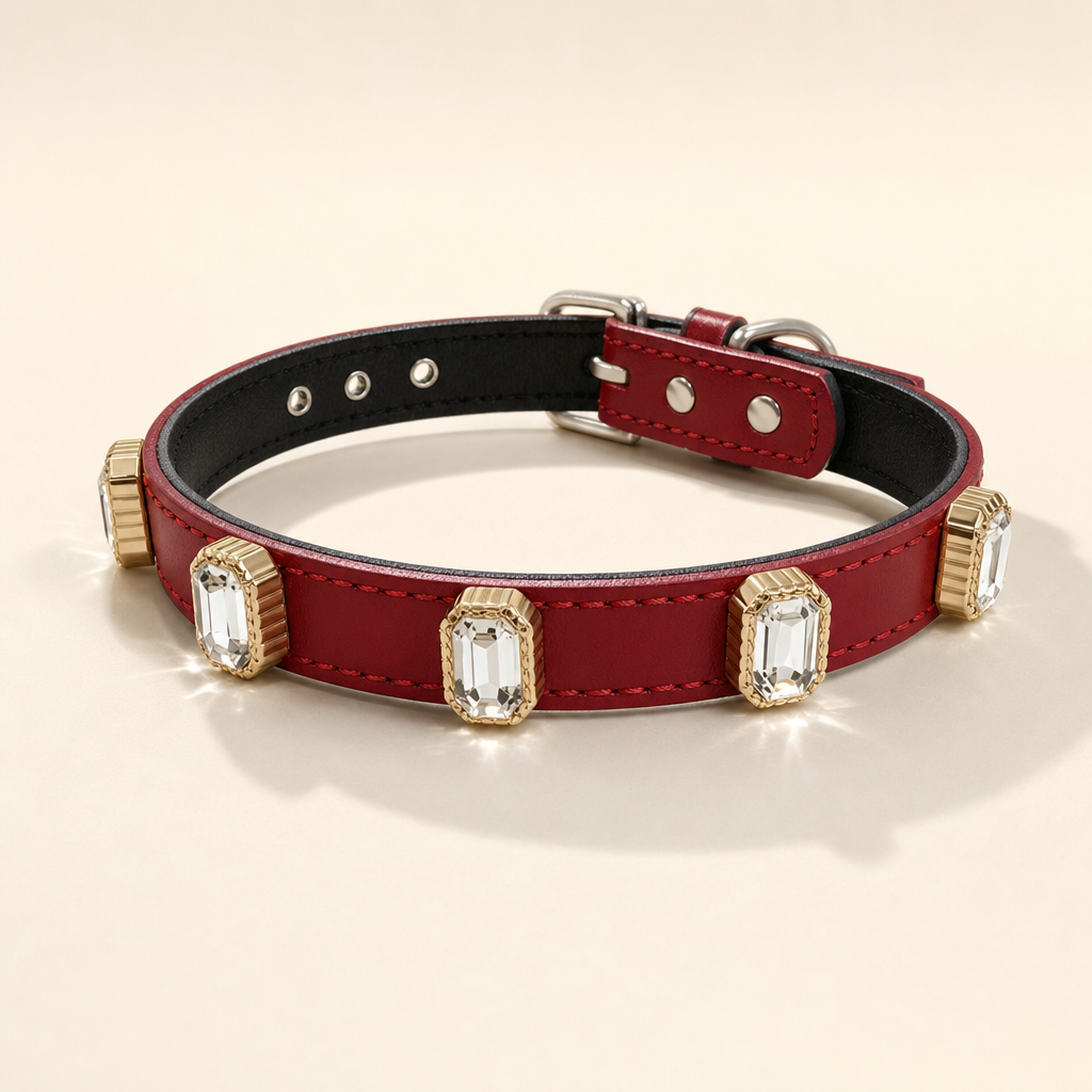 Ruby red rhinestone dog collar with clear stones in gold-tone settings