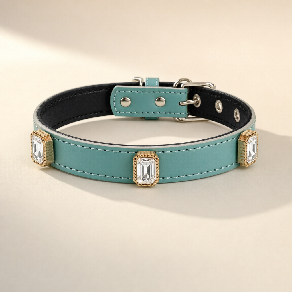 Duck egg blue-green rhinestone dog collar with clear stones in gold-tone settings