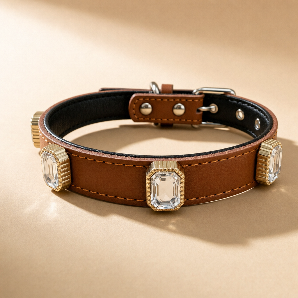 Cognac tan rhinestone dog collar with clear stones in gold-tone settings