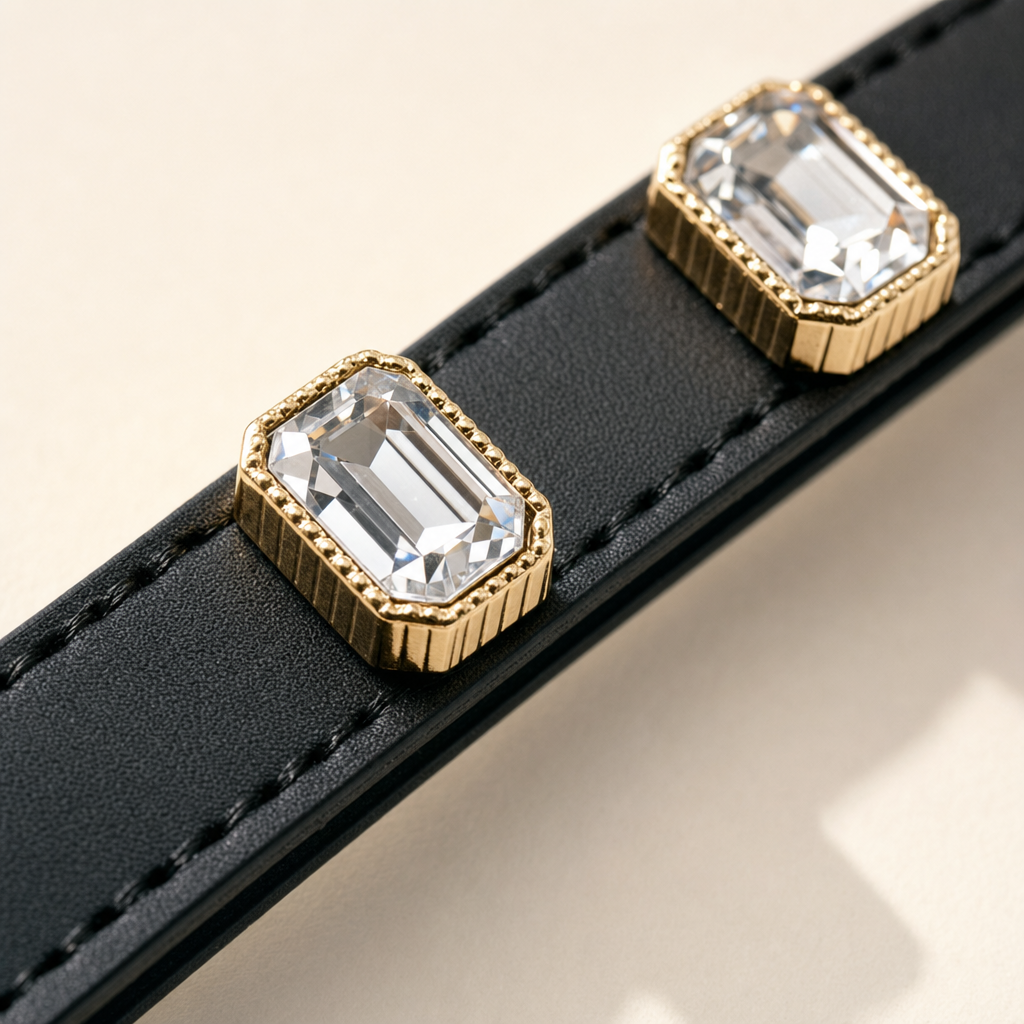 Close view of a clear emerald-cut rhinestone in its fluted gold-tone setting on a black collar