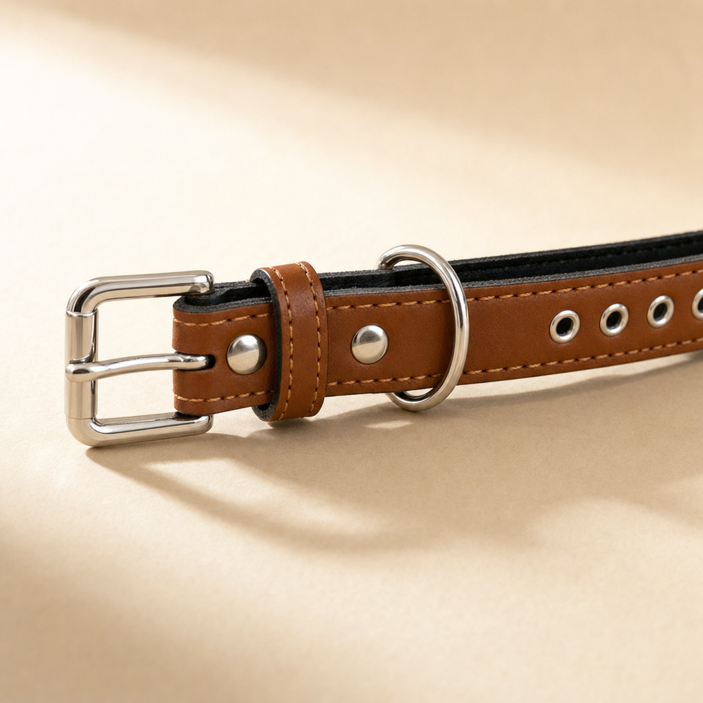 Silver buckle, D-ring and eyeletted holes on a cognac rhinestone collar, showing the two-layer strap edge