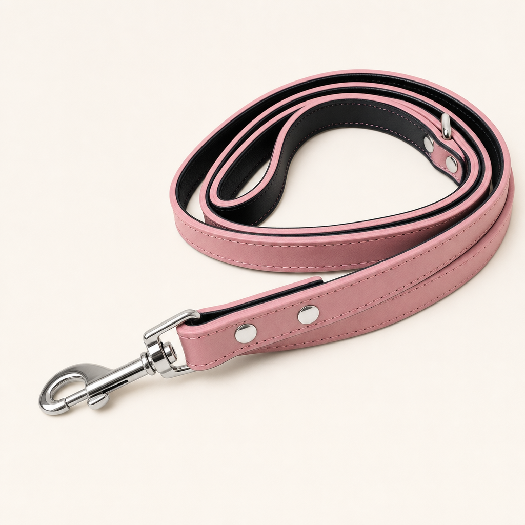 Plain blossom pink matching lead coiled flat, with a silver swivel hook and no rhinestones