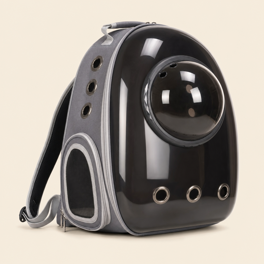 The carrier in Space Hood Transparent Black — a glossy dark translucent shell with the raised bubble dome.