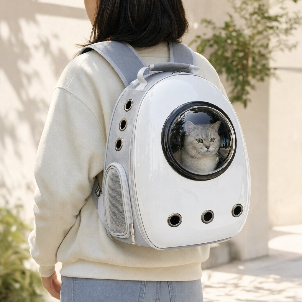 A person carrying the capsule backpack on their back, with a grey cat sitting inside and looking out through the bubble dome.
