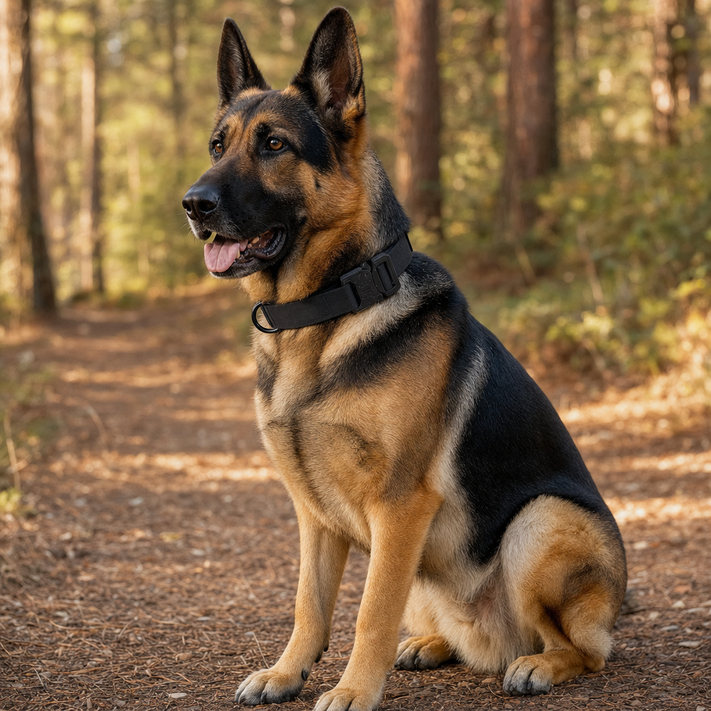 A German Shepherd sitting on a woodland trail wearing a black tactical collar with a quick-release buckle.
