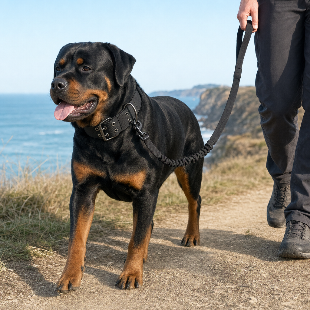 A Rottweiler walking on a coastal path in a black double-pin buckle collar clipped to a black bungee lead.