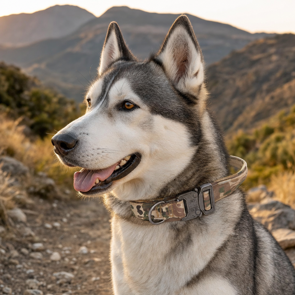 A Siberian Husky on a mountain trail wearing a camo tactical collar with a quick-release buckle.