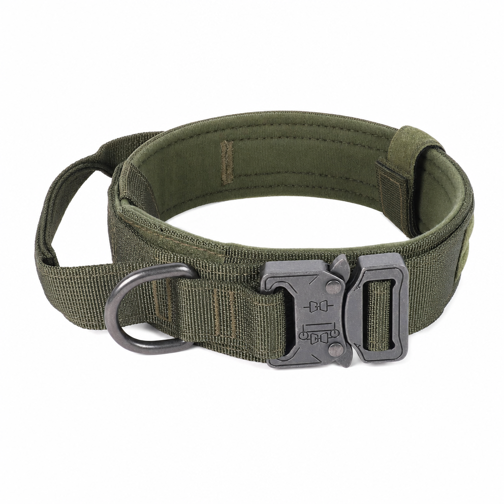 Olive padded tactical dog collar with a gunmetal grey quick-release buckle, D-ring and grab handle.