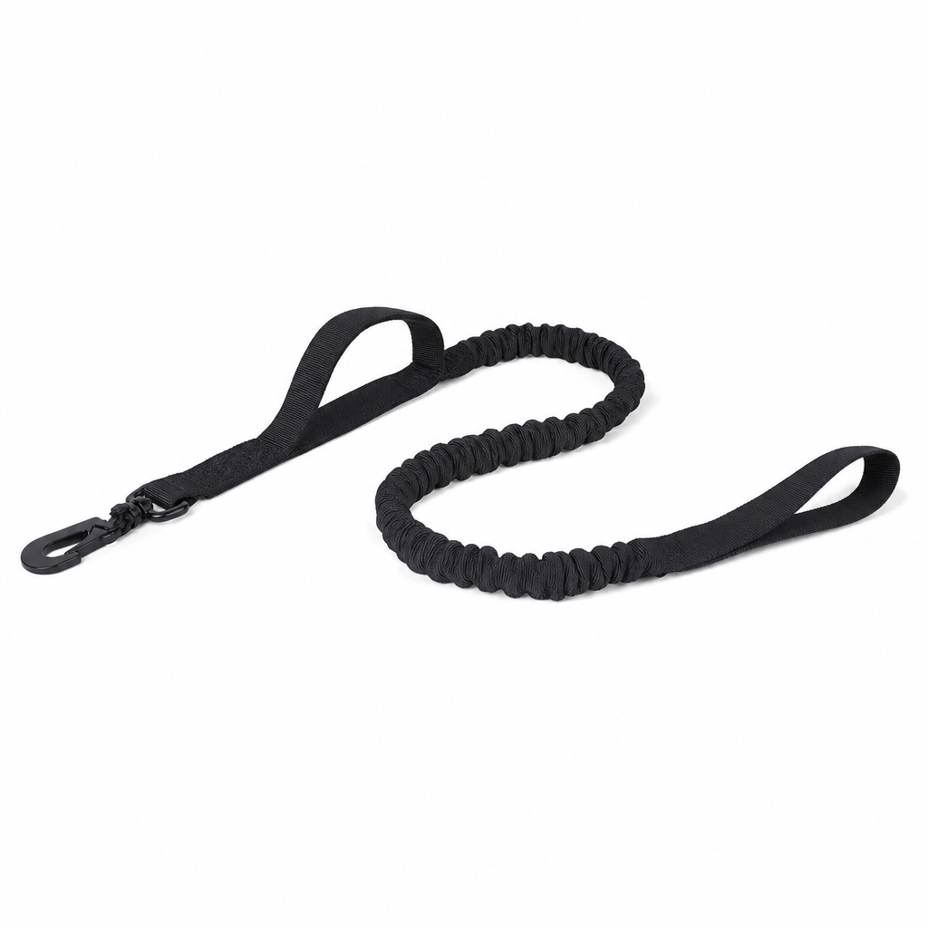 Black dog lead with a black snap hook, a grip handle near the hook, an elasticated bungee section and a hand loop.