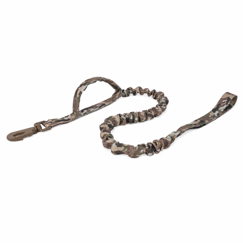 Camo dog lead with a brown snap hook, a grip handle near the hook, an elasticated bungee section and a hand loop.
