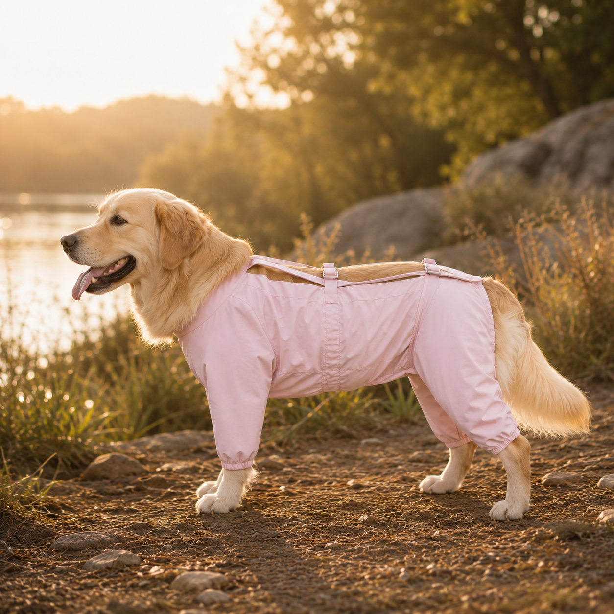 Golden Retriever wearing the Outdoor Water-Resistant Dog Jumpsuit in Light Pink.#Color_Light pink
